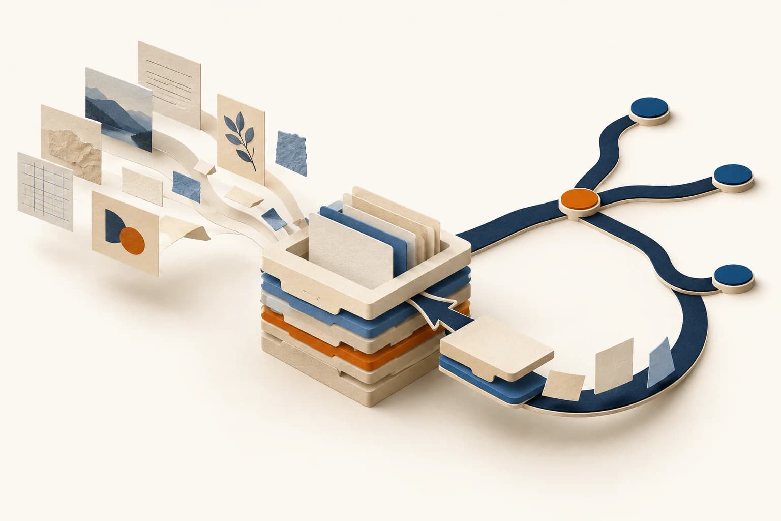 Paper evidence becomes a layered archive, guides a branching decision, and returns as a new layer of memory.